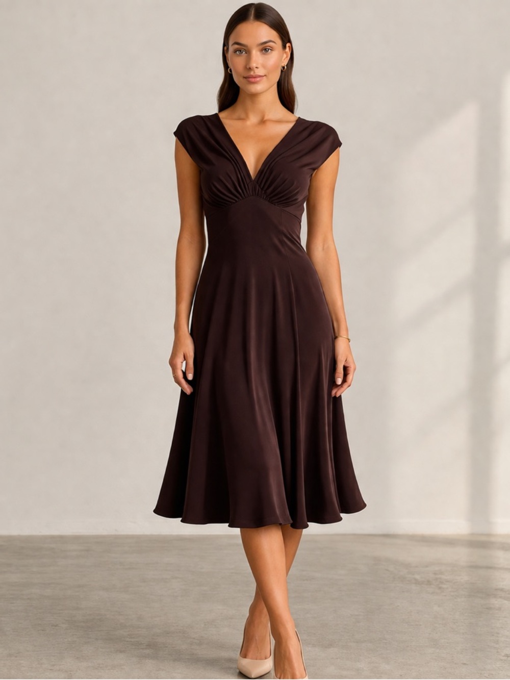 Jones New York Brown Midi Dress Size 14 Elegant Flowy A-Line Quiet Luxury XL